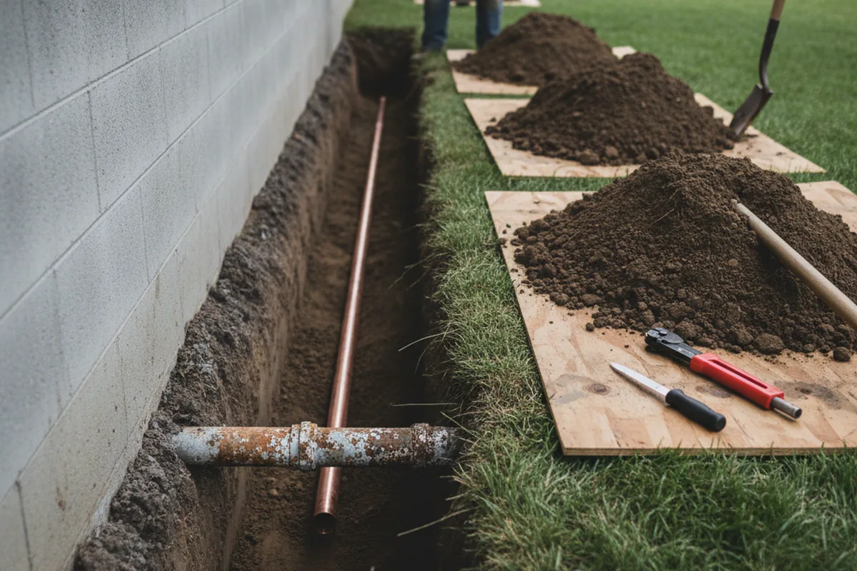 Excavated water line trench during Water Softener Installation in Richmondville